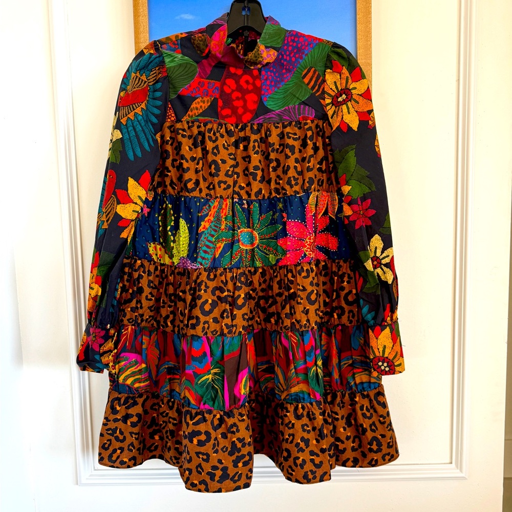 Farm Rio Mixed-Print Tiered Mini Dress